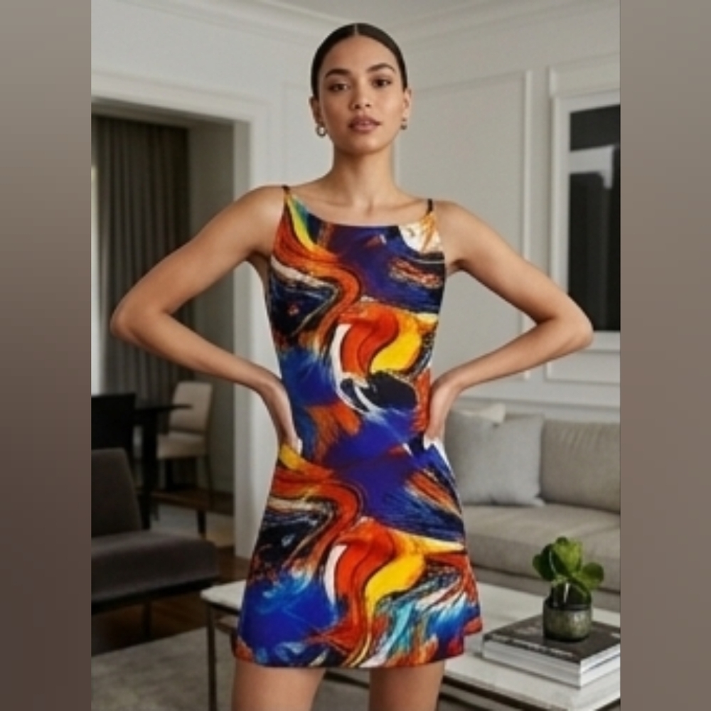 Blanc Noir Multicolor Abstract Swirl Mini Dress | Size Small | Great Condition